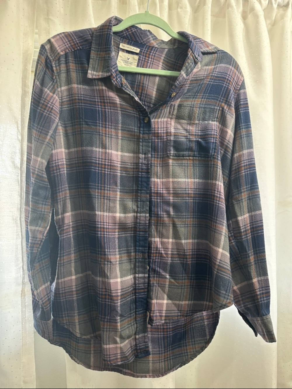 American Eagle Outfitters Navy and Pink Plaid Button-Down Shirt